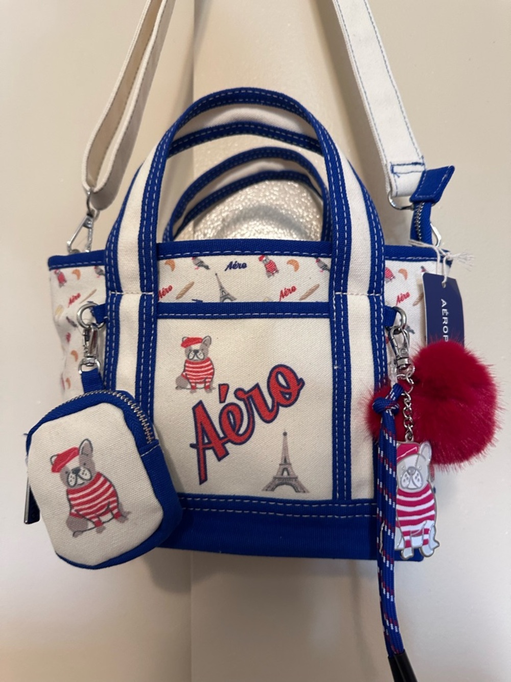 Aeropostale White, Royal Blue & Red Mini Tote with Pom Charm - Picture 4 of 10